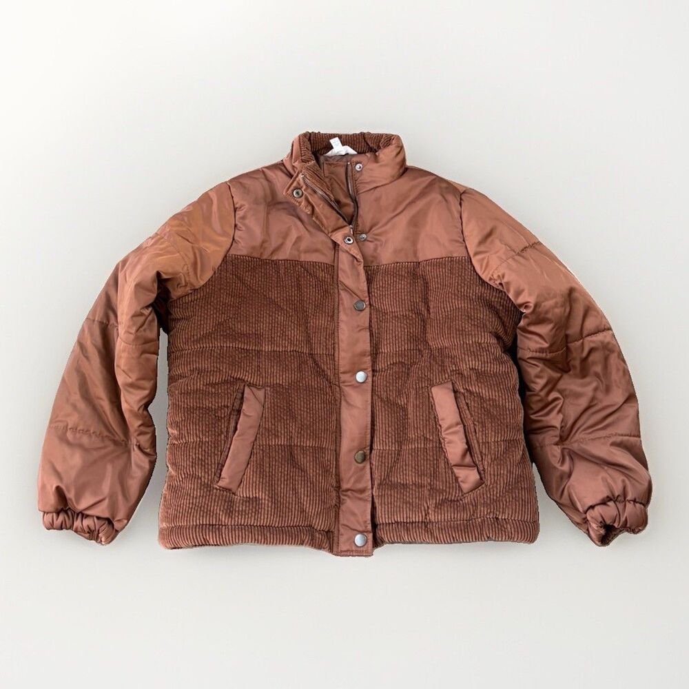 Time and Tru Women Mixed Media Puffer Jacket Brown Corduroy Size L Large Quilted